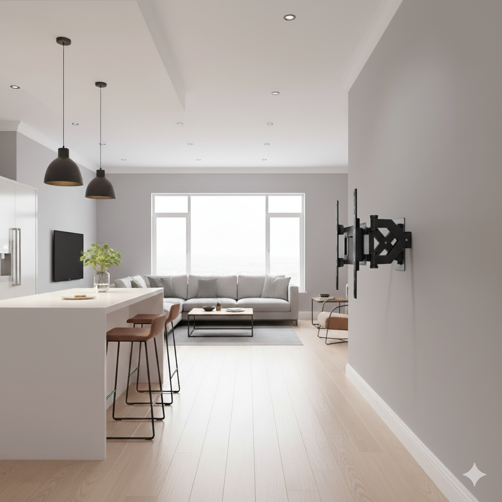 Поворотный кронштейн для телевизора в кухне-гостиной