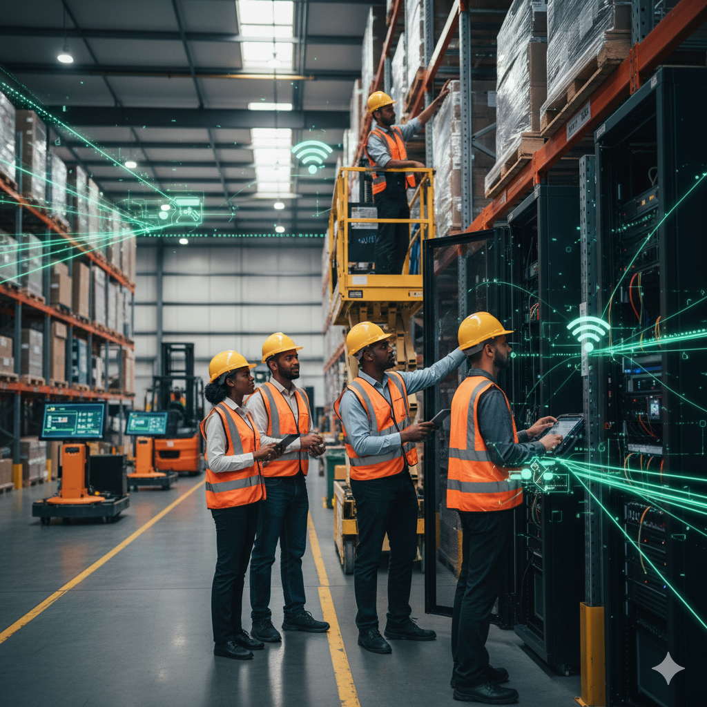 Сетевое оборудование Cisco в серверной стойке склада