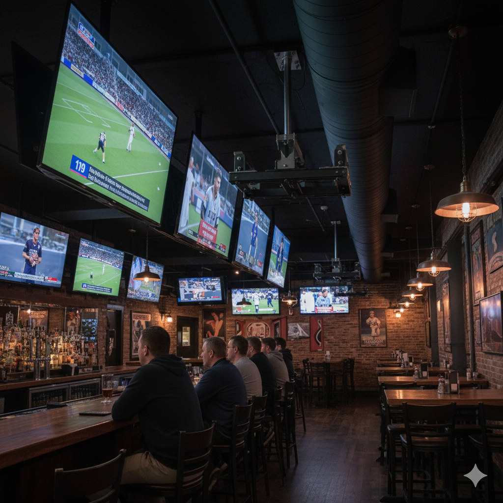 Потолочный монтаж ТВ в спорт-баре