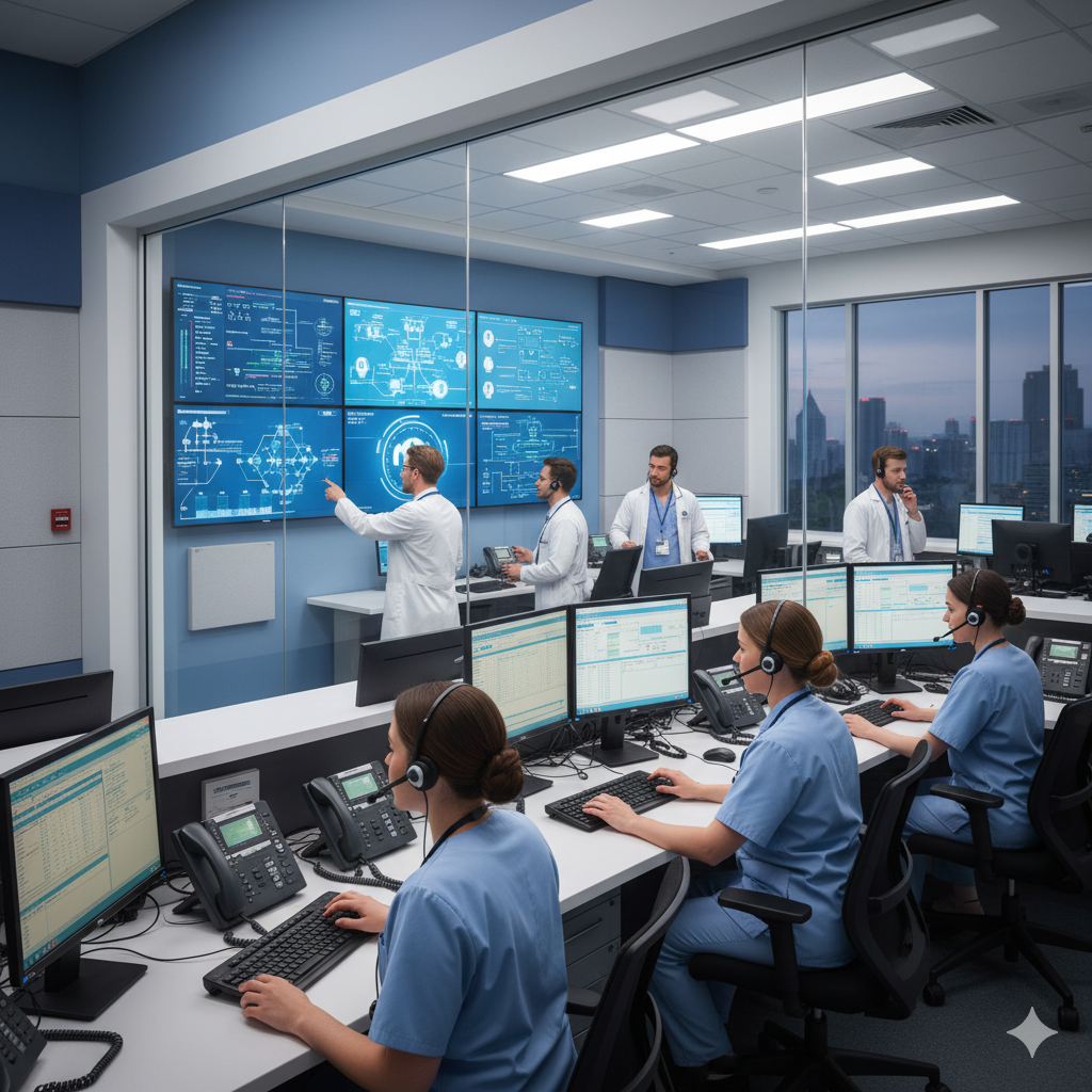 Врач говорит по DECT-телефону в коридоре клиники