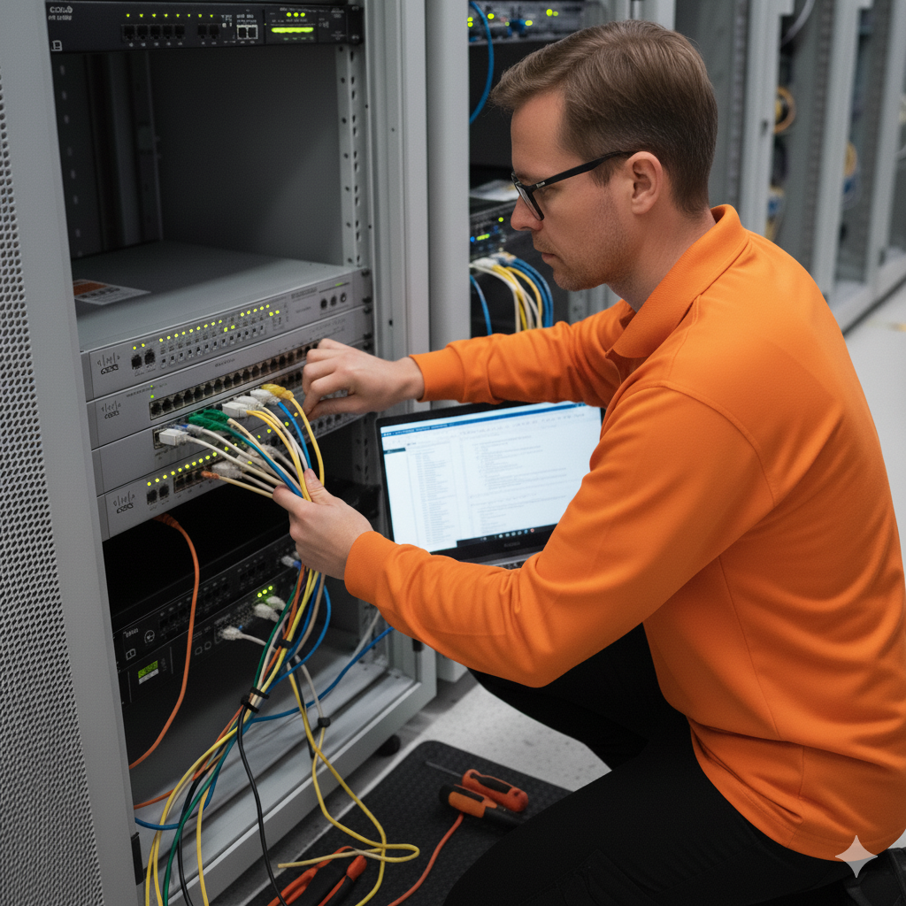 Профессиональный монтаж и настройка сетевого оборудования Cisco в серверной стойке в Алматы